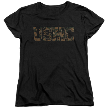 Black women's t-shirt with U.S. Marine Corps Usmc Camo Fill graphic