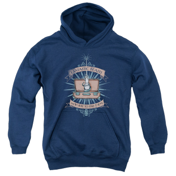 Navy youth hoodie for ages 8 to 12 with Fantastic Beasts and Where to Find Them Briefcase graphic