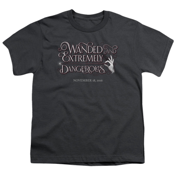Charcoal youth t-shirt for ages 8 to 12 with Fantastic Beasts and Where to Find Them Wanded graphic