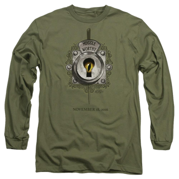 Military green men's long sleeve t-shirt with Fantastic Beasts Muggle Worthy graphic