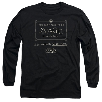 Black men's long sleeve t-shirt with Fantastic Beasts Magic To Work Here graphic