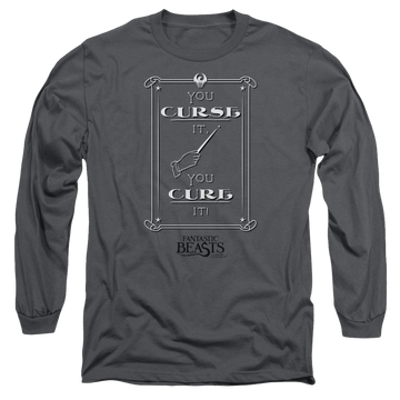 Charcoal men's long sleeve t-shirt with Fantastic Beasts Curse It graphic
