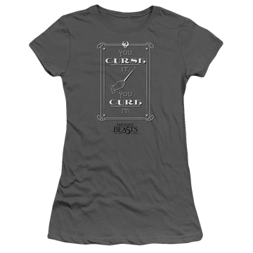 Charcoal juniors t-shirt with Fantastic Beasts Curse It graphic