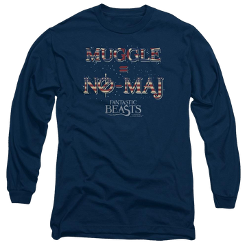 Navy men's long sleeve t-shirt with Fantastic Beasts Uk Us No Maj graphic