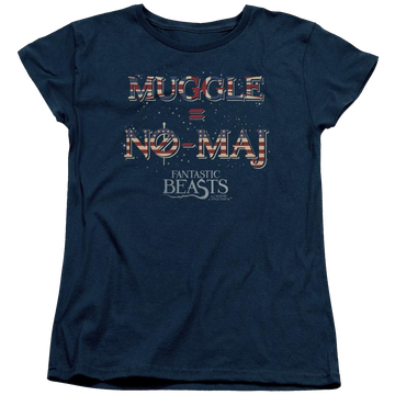 Navy women's t-shirt with Fantastic Beasts Uk Us No Maj graphic