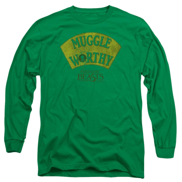 Kelly green men's long sleeve t-shirt with Fantastic Beasts Muggle Worthy graphic