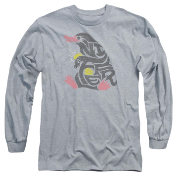 Athletic heather men's long sleeve t-shirt with Fantastic Beasts Niffler graphic