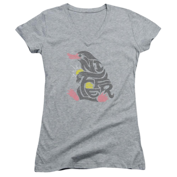 Athletic heather juniors v-neck t-shirt with Fantastic Beasts Niffler graphic