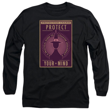 Black men's long sleeve t-shirt with Fantastic Beasts Protect Your Mind graphic