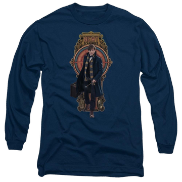 Navy men's long sleeve t-shirt with Fantastic Beasts Newt Scamander graphic