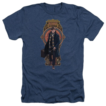 Navy men's heather t-shirt with Fantastic Beasts Newt Scamander graphic