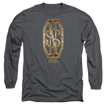 Charcoal men's long sleeve t-shirt with Fantastic Beasts Scamander Monogram graphic