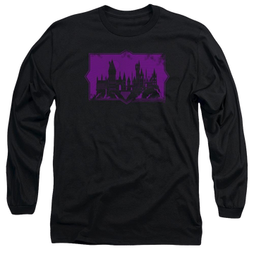 Black men's long sleeve t-shirt with Fantastic Beasts And The Crimes Of Grindlewald Hogwarts Silhouette graphic