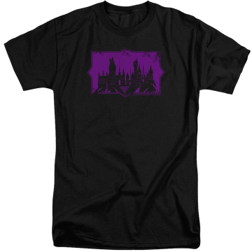 Black men's tall fit t-shirt with Fantastic Beasts And The Crimes Of Grindlewald Hogwarts Silhouette graphic