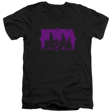Black men's v-neck t-shirt with Fantastic Beasts And The Crimes Of Grindlewald Hogwarts Silhouette graphic