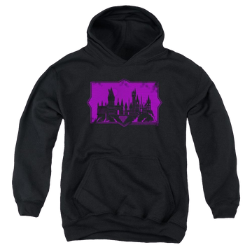Black youth hoodie for ages 8 to 12 with Fantastic Beasts And The Crimes Of Grindlewald Hogwarts Silhouette graphic