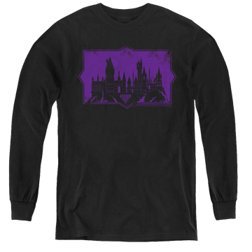Black youth long sleeve t-shirt with Fantastic Beasts And The Crimes Of Grindlewald Hogwarts Silhouette graphic