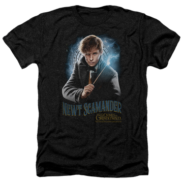 Charcoal men's heather t-shirt with Fantastic Beasts and the Crimes of Grindlewald Scamander graphic