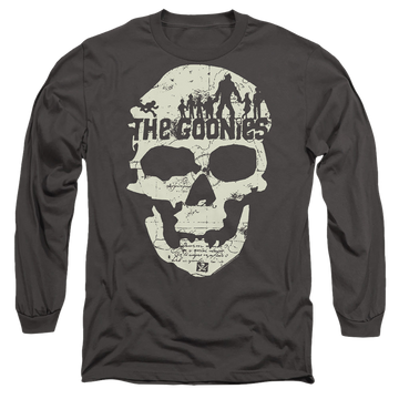Charcoal men's long sleeve t-shirt with The Goonies Skull Map graphic