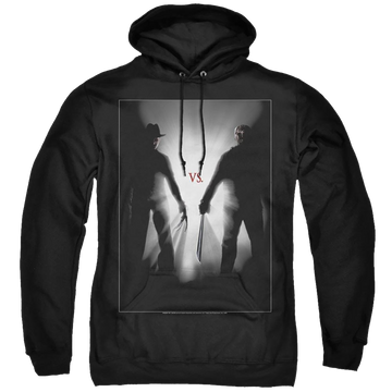 Black pullover hoodie with Freddy vs Jason Silhouettes graphic