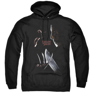Black pullover hoodie with Freddy vs Jason Face Off graphic