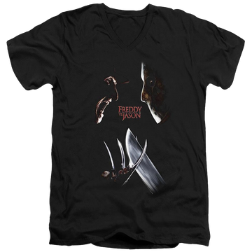 Black men's v-neck t-shirt with Freddy vs Jason Face Off graphic