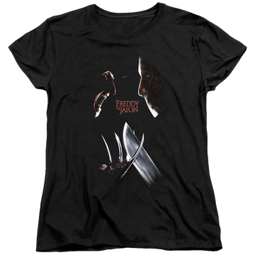 Black women's t-shirt with Freddy vs Jason Face Off graphic
