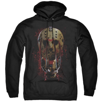 Black pullover hoodie with Freddy vs Jason Mask And Claws graphic