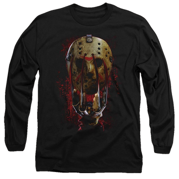 Black men's long sleeve t-shirt with Freddy vs Jason Mask And Claws graphic