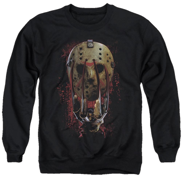 Black men's crewneck sweatshirt with Freddy vs Jason Mask And Claws graphic