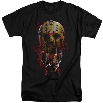 Black men's tall fit t-shirt with Freddy vs Jason Mask And Claws graphic