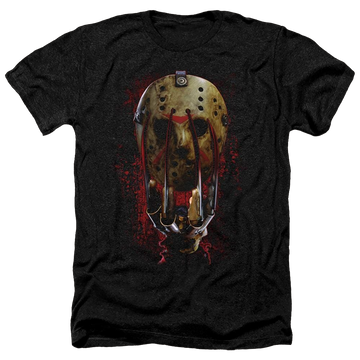 Charcoal men's heather t-shirt with Freddy vs Jason Mask And Claws graphic