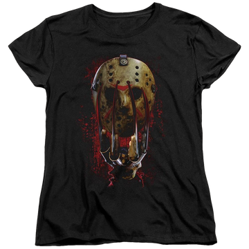 Black women's t-shirt with Freddy vs Jason Mask And Claws graphic