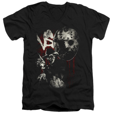 Black men's v-neck t-shirt with Freddy vs Jason Scratches graphic