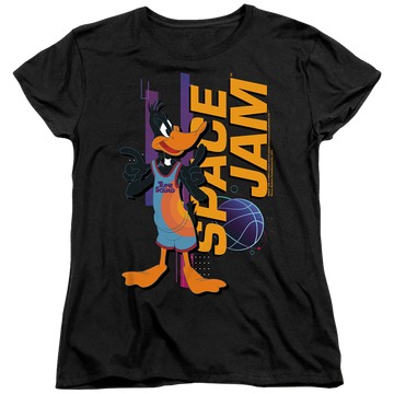Black women's t-shirt with Space Jam - A New Legacy Daffy Standing graphic