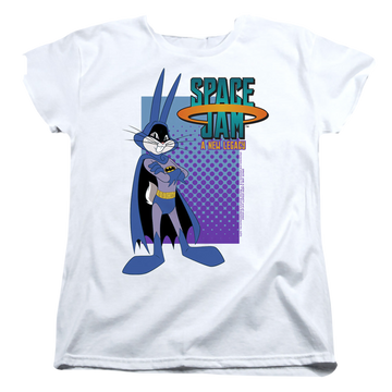 White women's t-shirt with Space Jam - A New Legacy Bugs Batman graphic