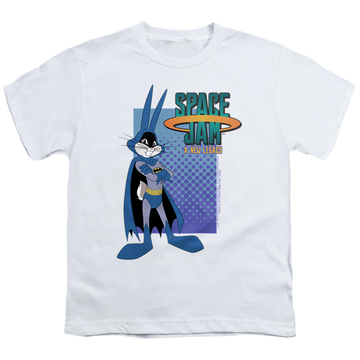 White youth t-shirt for ages 8 to 12 with Space Jam - A New Legacy Bugs Batman graphic