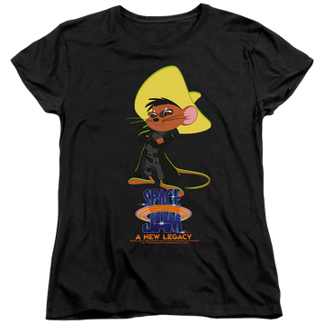 Black women's t-shirt with Space Jam - A New Legacy Speedy Matrix graphic