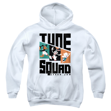 White youth hoodie for ages 8 to 12 with Space Jam - A New Legacy Tune Squad Pattern Characters graphic