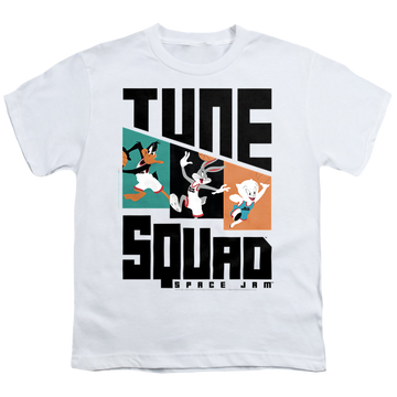 White youth t-shirt for ages 8 to 12 with Space Jam - A New Legacy Tune Squad Pattern Characters graphic