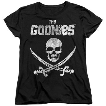 Black women's t-shirt with The Goonies Flag 1 graphic