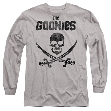 Athletic heather men's long sleeve t-shirt with The Goonies Flag 2 graphic