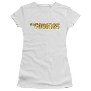 White juniors t-shirt with The Goonies Logo graphic