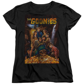 Black women's t-shirt with The Goonies Poster graphic