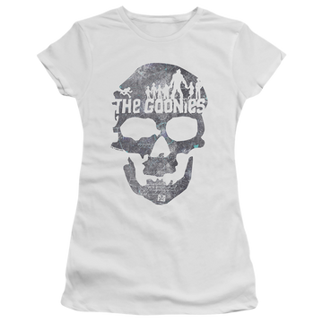 White juniors t-shirt with The Goonies Skull 2 graphic