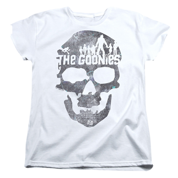 White women's t-shirt with The Goonies Skull 2 graphic