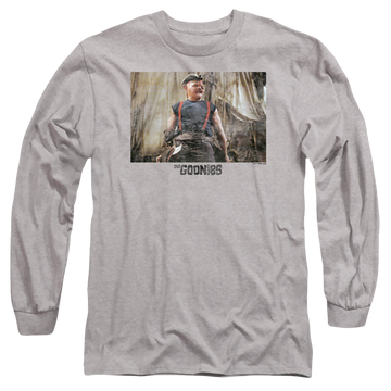 Athletic heather men's long sleeve t-shirt with The Goonies Sloth 1 graphic