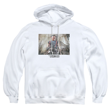 White pullover hoodie with The Goonies Sloth 2 graphic