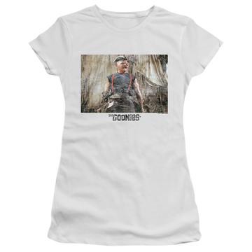 White juniors t-shirt with The Goonies Sloth 2 graphic