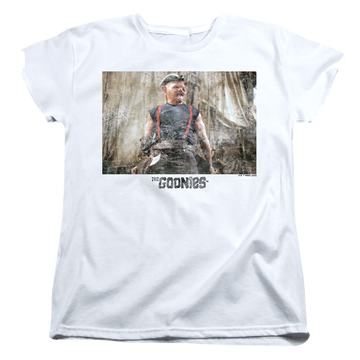 White women's t-shirt with The Goonies Sloth 2 graphic